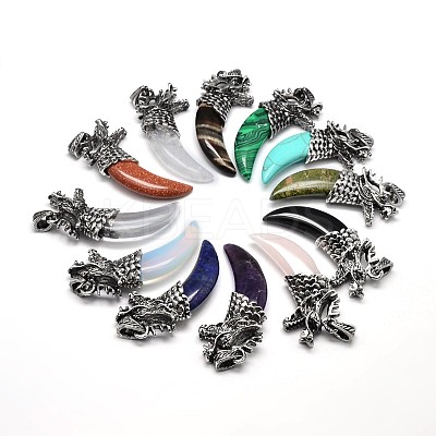 Tusk Shape with Dragon Antique Silver Zinc Alloy Natural & Synthetic Mixed Stone Big Pendants G-F228-62-FF-1