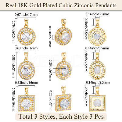 9Pcs 3 Style Brass Micro Pave Cubic Zirconia Pendants KK-BBC0019-44-1