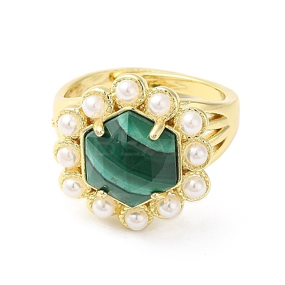 Ion Plating(IP) Natural Mixed Gemstone Hexagon Adjustable Ring with Plastic Pearl Beaded RJEW-E075-03G-1