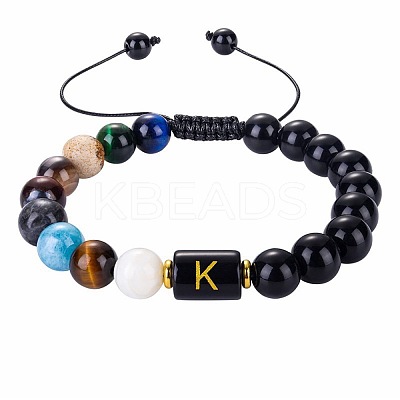 10MM Natural Black Obsidian Alphabet Beaded Braided Bracelets LS-TO2319-11-1