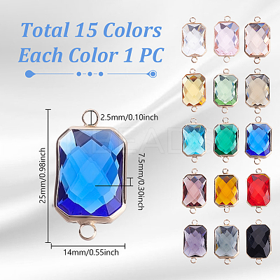 15Pcs 15 Colors Brass Pave Glass Rectangle Connector Charms KK-GA0001-72B-1