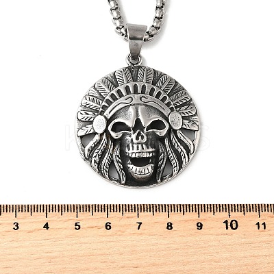 304 Stainless Steel Indian Head Skull Pendant Necklaces for Women Men NJEW-Z076-03AS-1