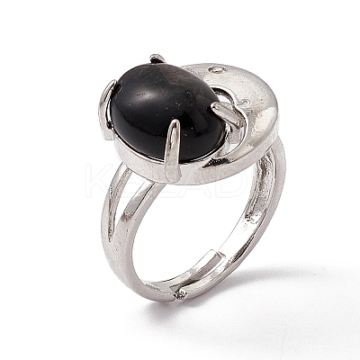 Gemstone Oval with Crescent Adjustable Ring RJEW-P041-02P-1