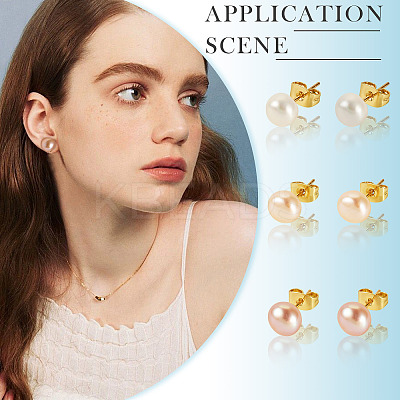 6Pcs 3 Colors Natural Cultured Freshwater Pearl Stud Earrings EJEW-TAC00026-1