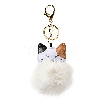 Imitation Rex Rabbit Fur Ball & PU Leather Cat Pendant Keychain X1-KEYC-K018-05KCG-01-1