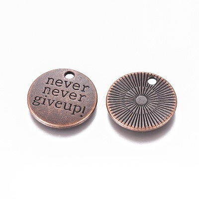 Tibetan Style Alloy Flat Round Carved Word Never Give Up Pendants TIBEP-12585-R-NR-1
