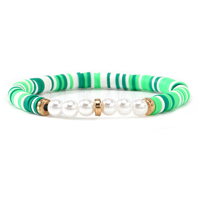Polymer Clay Heishi Beaded Stretch Bracelets with Brass and Shell Pearl Beads for Daily Wear and Casual Style JO6865-6-1