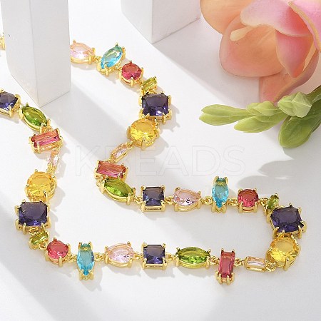 Brass Micro Pave Colorful Cubic Zirconia Link Chain Necklaces NJEW-M089-01G-1