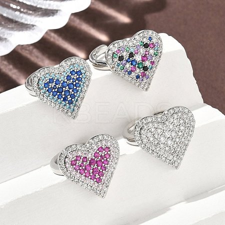 Heart Brass Micro Pave Cubic Zirconia Cuff Rings for Women RJEW-A069-12P-1