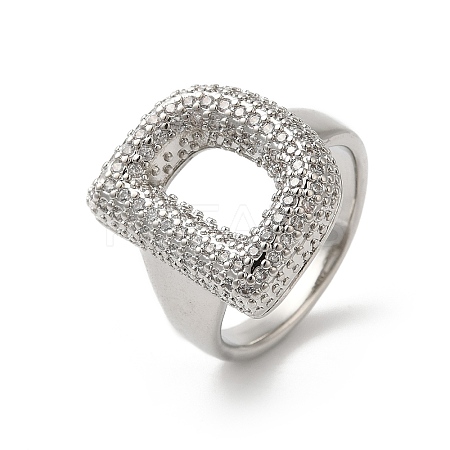 Letter Brass Micro Pave Clear Cubic Zirconia Open Cuff Ring for Women RJEW-N046-03D-P-1