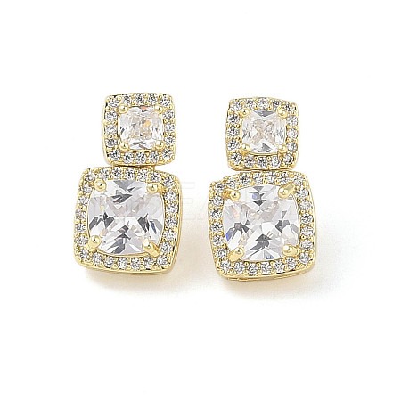 Square Brass Pave Clear Cubic Zirconia Stud Earrings EJEW-L285-003G-1