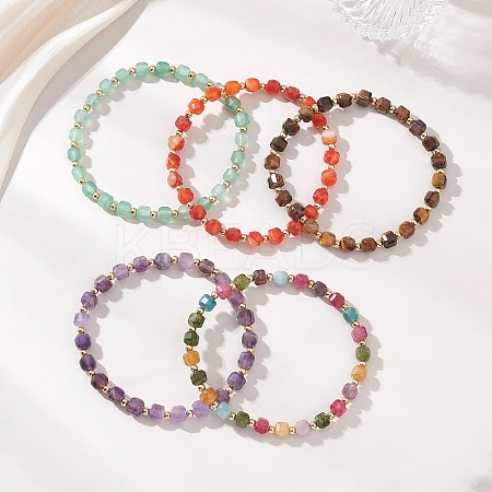 Natural Gemstone Cube & Stainless Steel Beads Stretch Bracelets for Women BJEW-JB13348-1