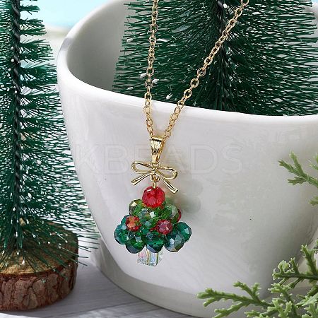 Christmas Tree Glass Beaded Pendant Necklaces X1-NJEW-TA00174-1