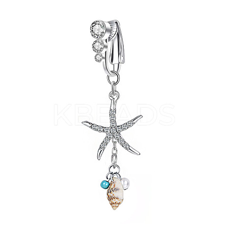 304 Stainless Steel Pave Cubic Zirconia & Plastic Pearl & Natural Shell Starfish Dangle Clip on Belly Rings FS-WG69EA3-04-1