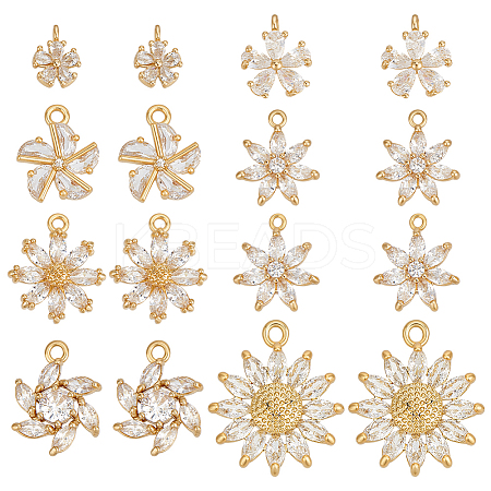 16Pcs 8 Styles Brass Pave Clear Cubic Zirconia Pendants KK-PH0012-76-1