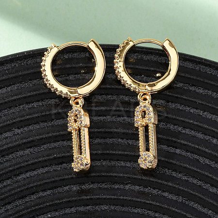Safety Pin Brass Micro Pave Cubic Zirconia Hoop Earrings EJEW-F384-15G-01-1