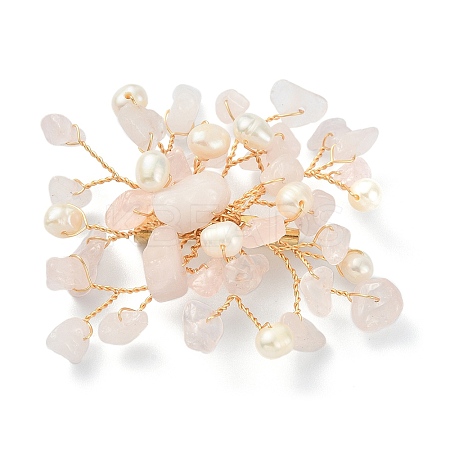Natural Rose Quartz Chips & Pearl Beaded Flower Brooch Pin JEWB-BR00098-03-1