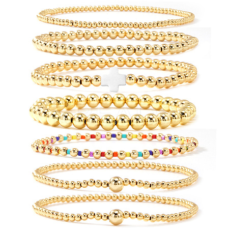 7Pcs Brass Round Beaded Bracelets for Women SB9067-5-1