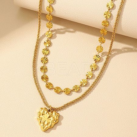 304 Stainless Steel Heart Pendant Flat Sequin Chain Double Layer Necklaces for Women LS-NJEW-F343-03G-1