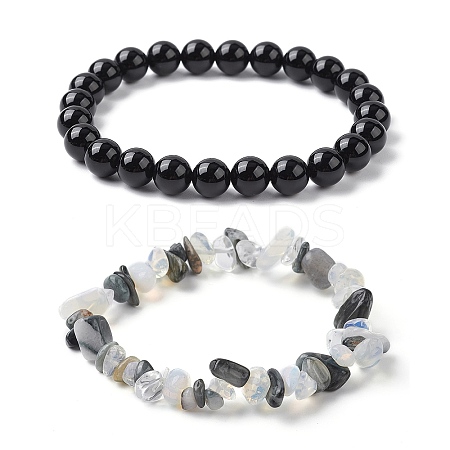 2Pcs 2 Style Opalite Chip & Natural Tiger Eye & Natural Black Onyx Beaded Stretch Bracelets Set BJEW-TA00411-1