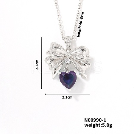 Brass Dark Indigo Rhinestone Bowknot Heart Shiny Pendant Necklaces for Women UK5167-1