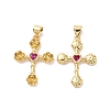 Cross with Flower Brass Micro Pave Cubic Zirconia Pendants KK-G435-06G-04-1