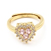 Rack Plating Brass Micro Pave Pink & Crystal Cubic Zirconia Heart Adjustable Rings RJEW-E064-17G-2