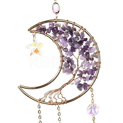 Natural Amethyst Chips Beaded Moon Hanging Sun Catchers HJEW-M004-13-1