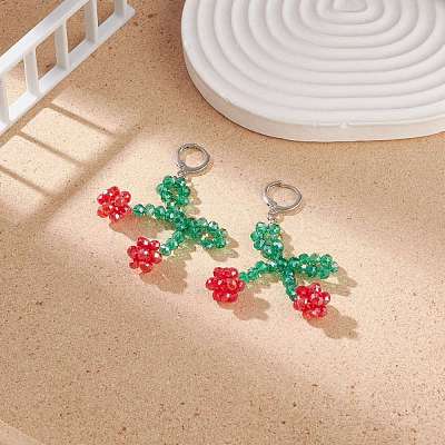 Glass Braided Cherry Long Dangle Leverback Earrings EJEW-TA00120-1