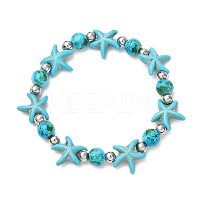 Starfish Synthetic Turquoise Beads & Brass Beads Stretch Bracelets BJEW-JB12417-03-1