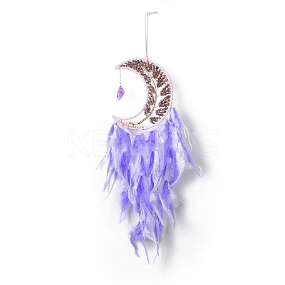 Natural Strawberry Quartz Chips Beaded Tree of Life Moon with Feather Pendant Decorations HJEW-M004-06-1