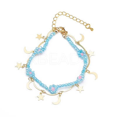Brass Moon and Star Charms & Seed Flower Double Layer Multi-strand Bracelet for Women BJEW-JB08849-1