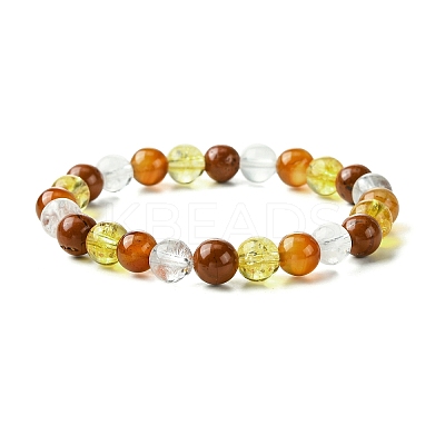 Synthetic Citrine & Natural Carnelian & Red Jasper & Natural Quartz Crystal Round Beaded Stretch Bracelets BJEW-JB10910-01-1