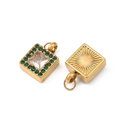 304 Stainless Steel & Clear Cubic Zirconia & Emerald Rhinestone Charms STAS-G364-06G-1