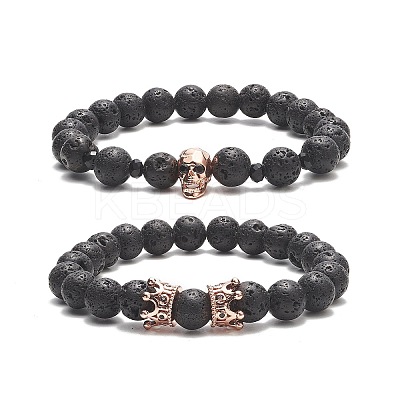 2Pcs 2 Style Natural Lava Rock & Brass Beaded Stretch Bracelets Set BJEW-JB09244-02-1