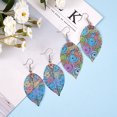 4 Pairs 4 Style Spray Painted Stainless Steel Holllow Leaf Dangle Earrings EJEW-SZ0001-35-1
