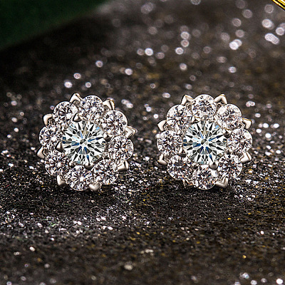 Flower Brass Micro Pave Clear Cubic Zirconia Stud Earrings FS-WGDAB53-02-1