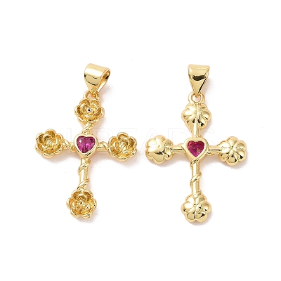 Cross with Flower Brass Micro Pave Cubic Zirconia Pendants KK-G435-06G-04-1