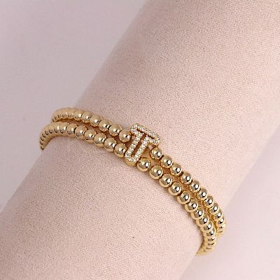 Brass Micro Pave Clear Cubic Zirconia Beads Double Strands Stretch Bracelets for Women FS-WGC7159-20-1
