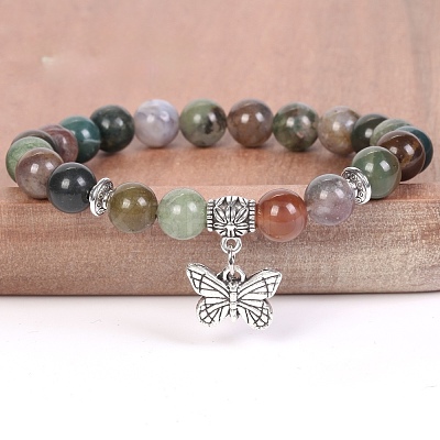 8MM Round Natural Indian Agate Beaded Stretch Bracelets with Alloy Butterfly Charms FQ7211-19-1