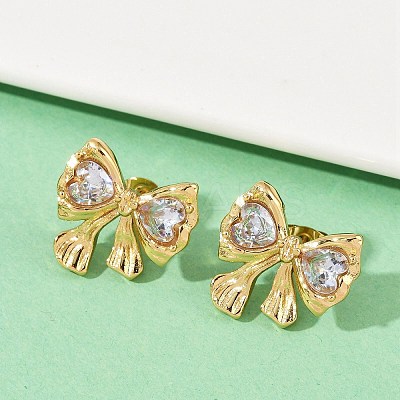 Bowknot 304 Stainless Steel Glass Stud Earrings LS-EJEW-M105-02G-1