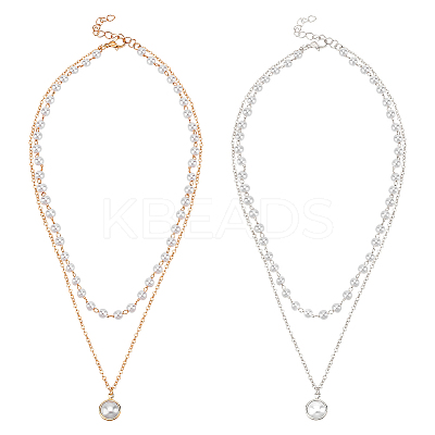 2Pcs 2 Colors Plastic Imitation Pearl Pendants Double Layer Necklaces Set NJEW-AN0001-11-1