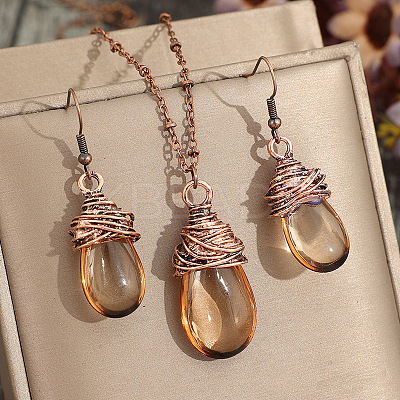 Teardrop Alloy Glass Pendant Necklaces & Dangle Earrings Sets FS-WGA3296-01-1