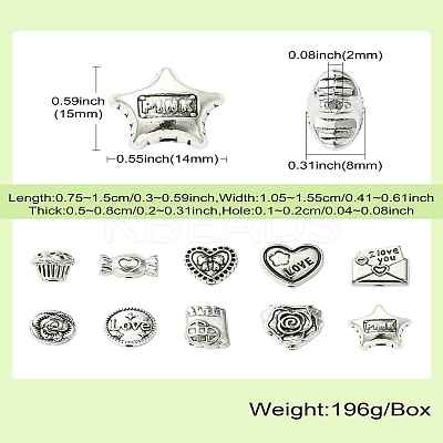 60Pcs 10 Styles Valentine's Day Theme Tibetan Style Alloy Beads TIBEB-CJ0001-38-1