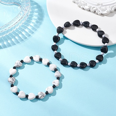 2Pcs Natural Howlite & Black Onyx Beaded Stretch Bracelets for Couple BJEW-JB13371-1