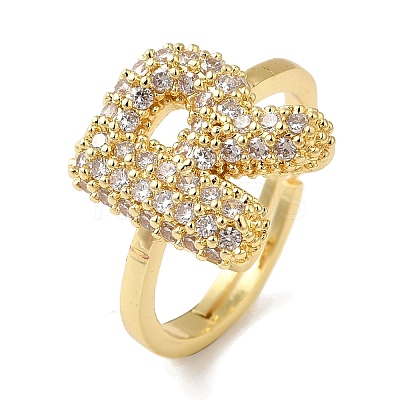 Rack Plating Letter Brass Micro Pave Clear Cubic Zirconia Adjustable Rings for Women KK-S391-03G-R-1