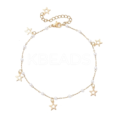 3Pcs 3 Styles Round ABS Imitation Pearl Beads & 304 Stainless Steel Link Chain Moon Star Cross Tassel Anklets for Women AJEW-AN00738-1