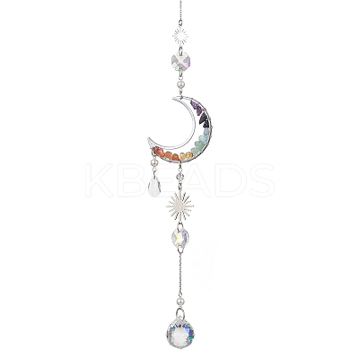 Brass Moon & Chakra Natural Mixed Gemstone Chips Hanging Suncatchers HJEW-JM04488-1