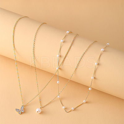 3Pcs Alloy with Plastic Pearl Butterfly Pendant Necklaces for Women WG0BA08-01-1