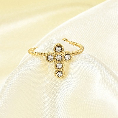 304 Stainless Steel Crystal Rhinestone Cuff Rings for Women RJEW-G338-03G-1